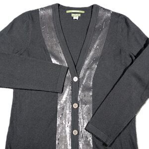 Eddie Bauer Womens M Petite Black Merino Wool Cardigan Sweater Sequins Soft